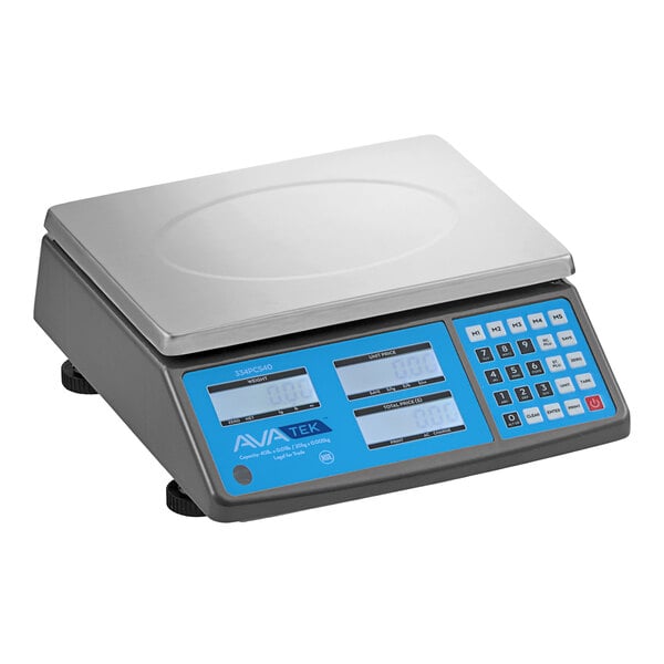 A grey AvaWeigh PCS40 digital price computing scale with a blue screen.
