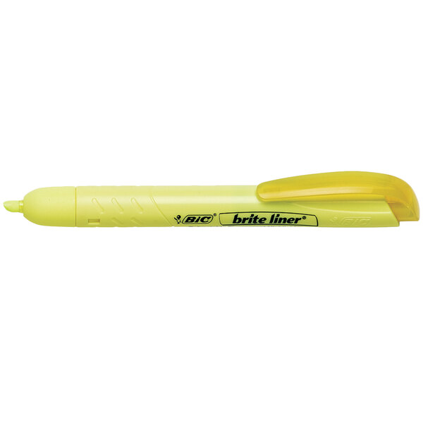 Bic BLR11YW Brite Liner Retractable Fluorescent Yellow Chisel Tip Pen Style Highlighter 12/Pack