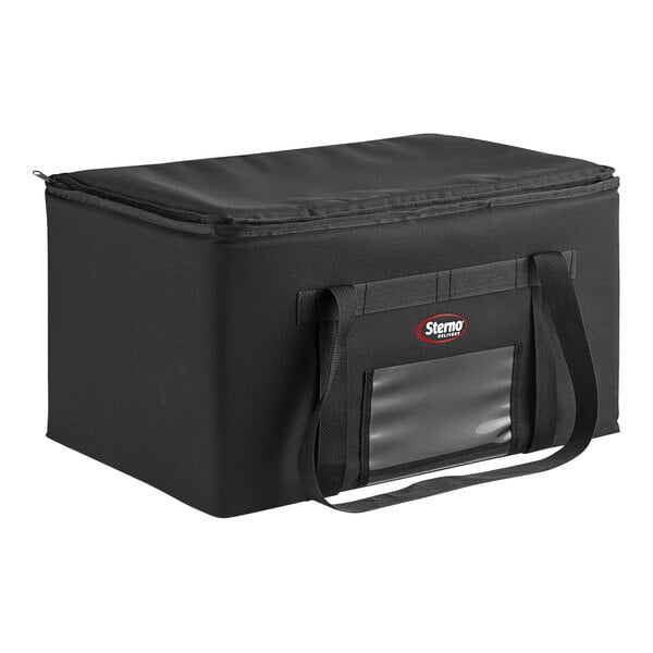 A large black nylon insulated catering food carrier with a zipper and a clear lid.