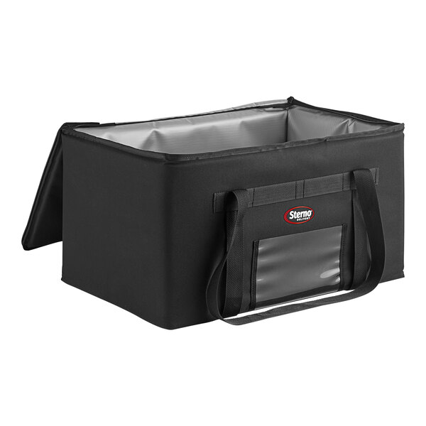 A large black nylon insulated catering food carrier with a handle.