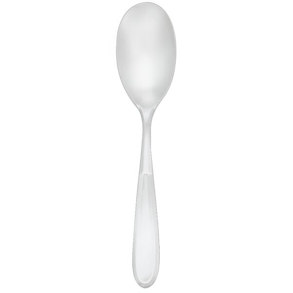 A Walco stainless steel dessert spoon with a white handle and silver spoon.