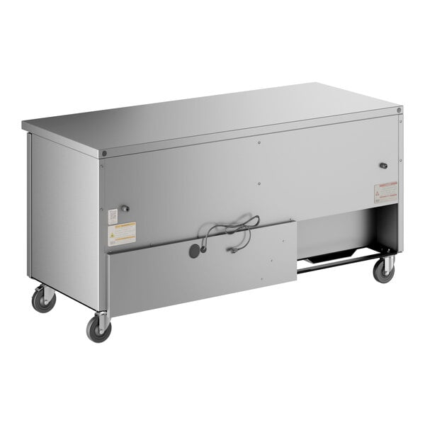A large stainless steel undercounter refrigerator on wheels.