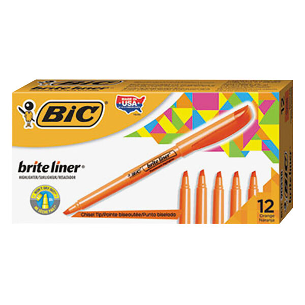 A box of Bic Brite Liner Fluorescent Orange highlighters.