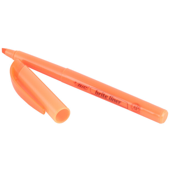 The Bic Brite Liner Fluorescent Orange highlighter with a black cap and orange tip.