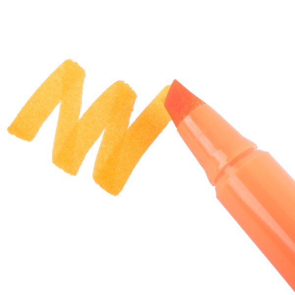 A close-up of a Bic Brite Liner Fluorescent Orange highlighter pen with a yellow tip.