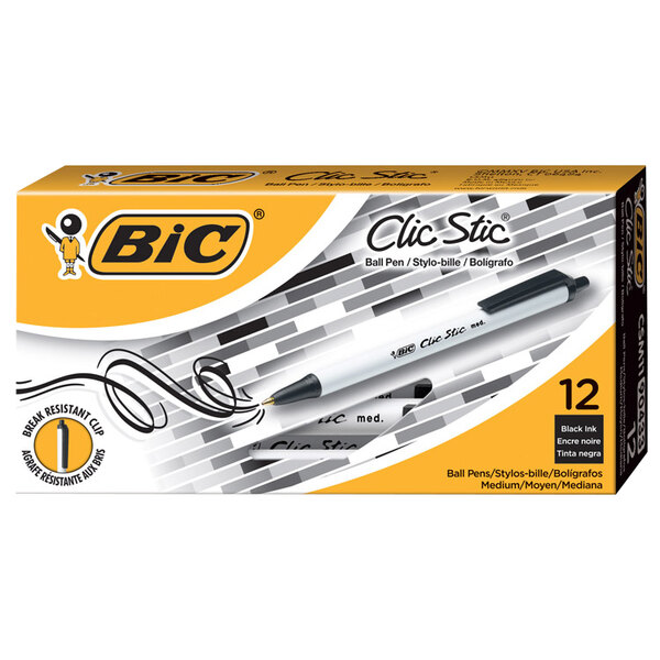 A white and black box of Bic Clic Stic black ink pens.