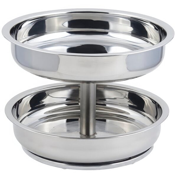 A stainless steel 2-tier seafood tower with 2 trays on top and 2 bowls on the bottom.