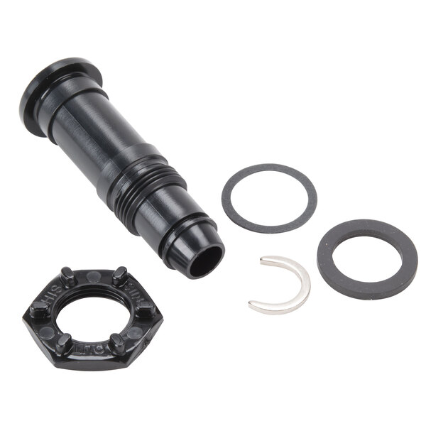 A black plastic nut with a couple of black rings and a black metal tube.
