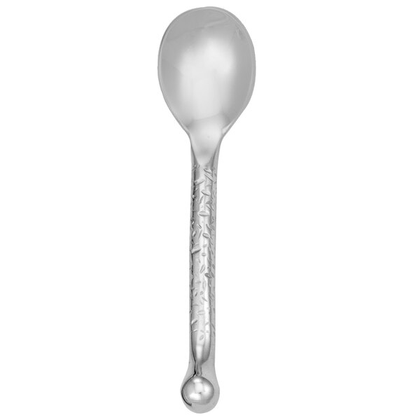 A close-up of a Walco stainless steel Nouveaux hammered demitasse spoon with a handle.