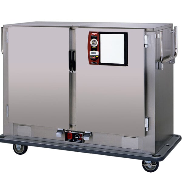 A stainless steel Metro heated banquet cabinet on wheels.