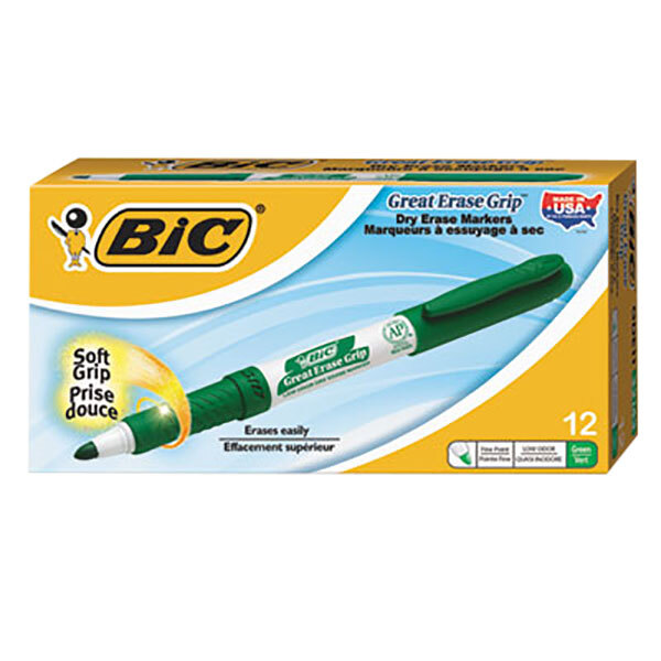 A box of 12 Bic green fine point dry erase markers.