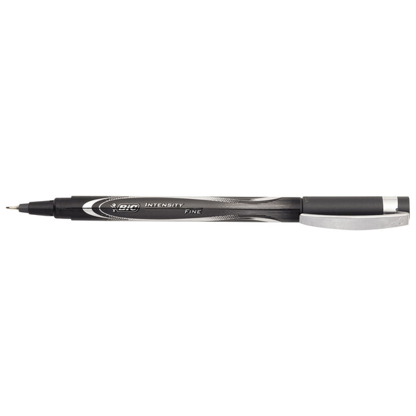 A Bic Intensity black permanent fine tip marker pen with a black cap.