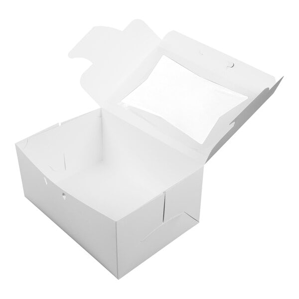 A white bakery box with a clear window on the lid, designed for holding cakes or baked goods.