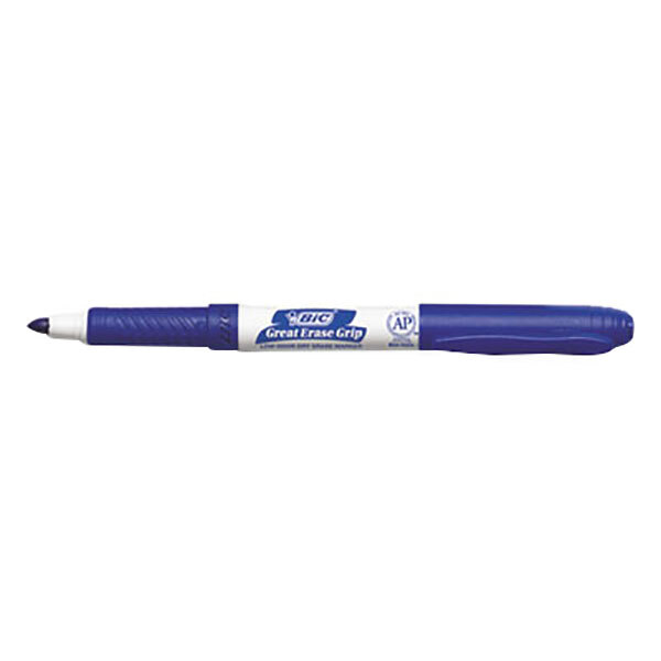 A close-up of a blue Bic Great Erase Grip marker with a white label.