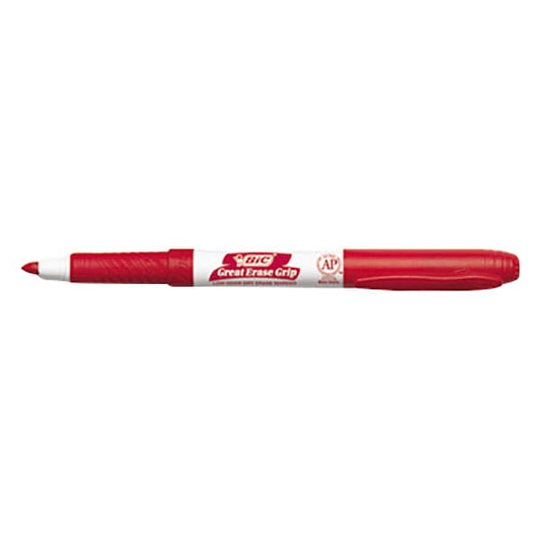 A red Bic Great Erase Grip chisel tip marker.