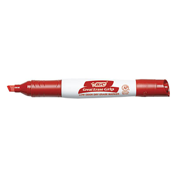 A red Bic Great Erase Grip dry erase marker with a white label.