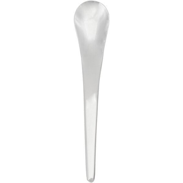 A close-up of a Walco 3012 Joreen stainless steel bouillon spoon with a white handle.