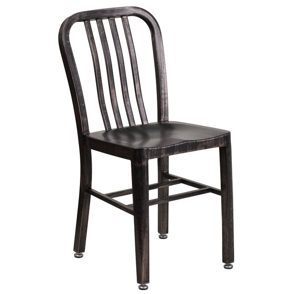 A Flash Furniture black metal outdoor side chair with a wooden seat.