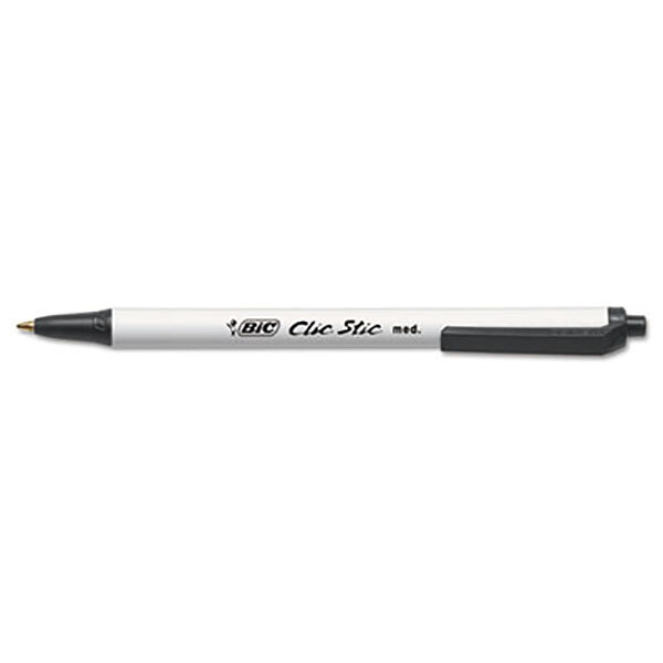 A close-up of a Bic Clic Stic black and white pen with a white tip.