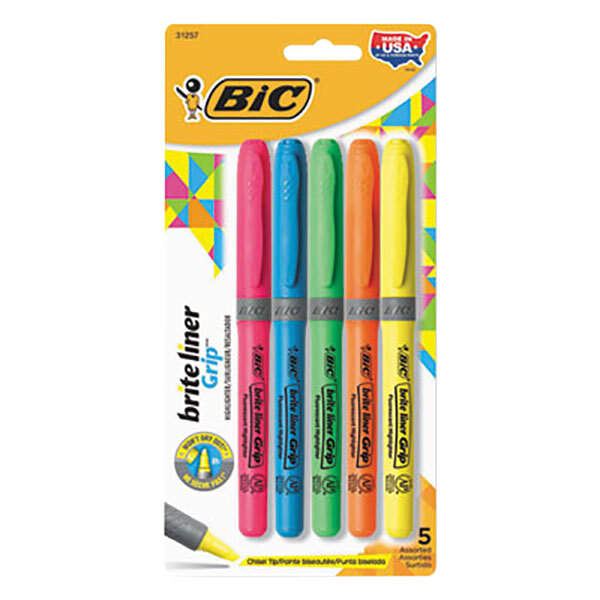 A yellow Bic package of Bic Brite Liner Grip assorted color highlighters.