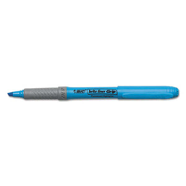 A Bic Brite Liner Grip blue highlighter with a gray tip.