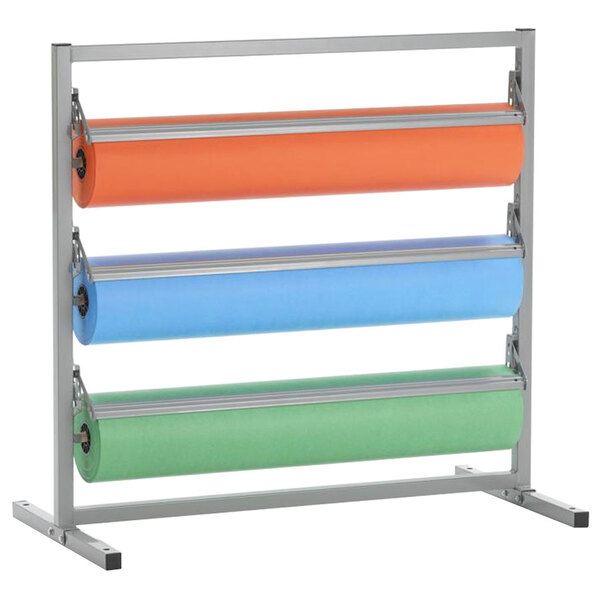 A Bulman paper rack with three rolls of paper on it.