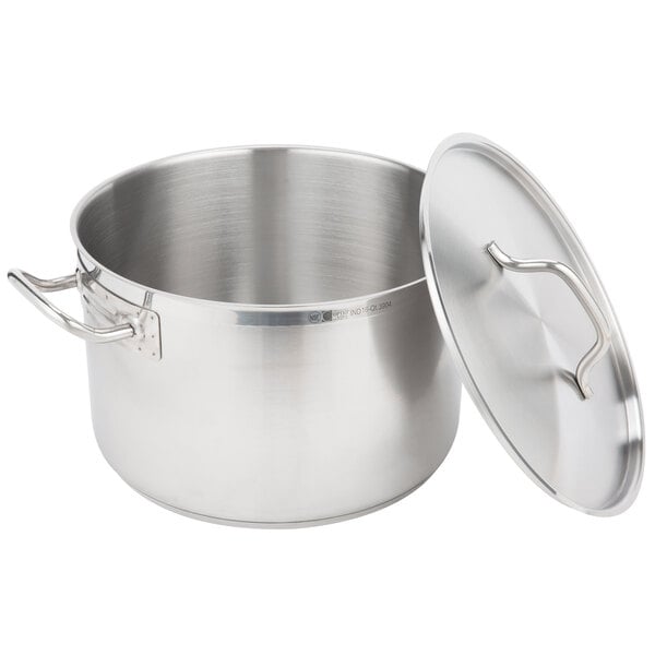 A Vollrath stainless steel sauce pot with lid.