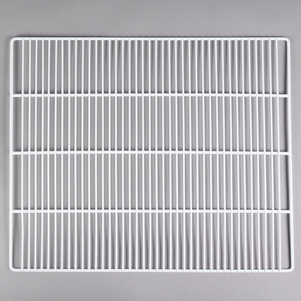 A white wire shelf with a square grid pattern.