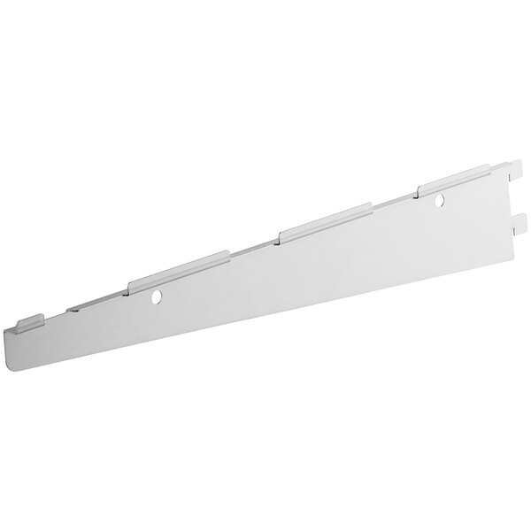 A white metal shelf bracket with two holes on it.