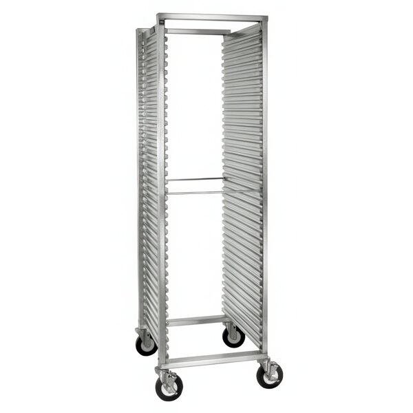 A Cres Cor end load metal sheet pan rack with wheels.