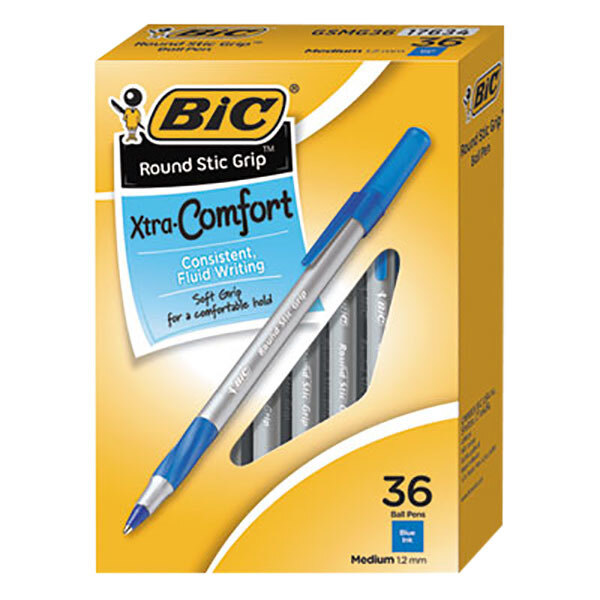 A blue and white box of Bic Xtra Comfort blue medium ballpoint pens.