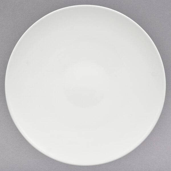 A white porcelain plate with a small rim and a circle in the middle.