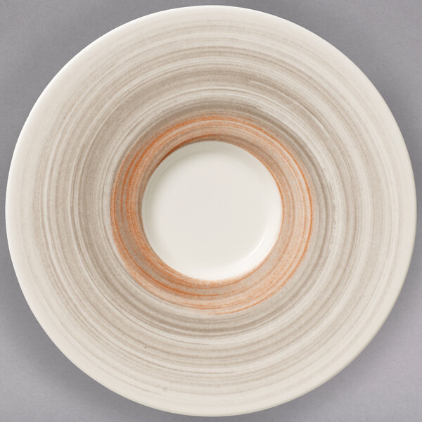 A white porcelain saucer with a taupe rim.