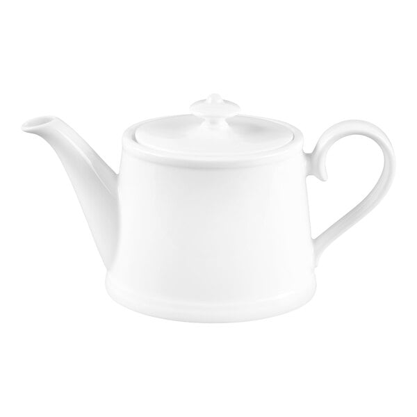A white porcelain teapot with a curved spout, round lid, and a large handle.