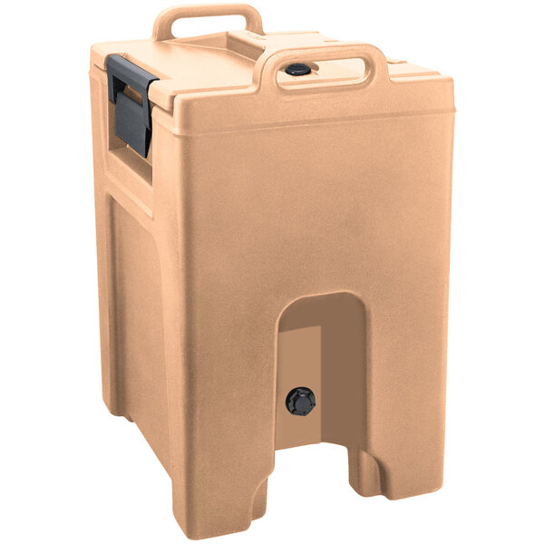 A tan plastic container with a black handle.