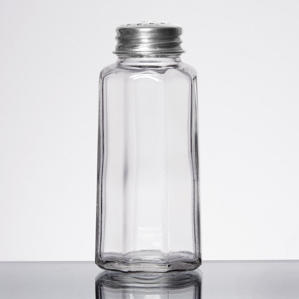 A clear glass Tablecraft salt shaker with a metal top.