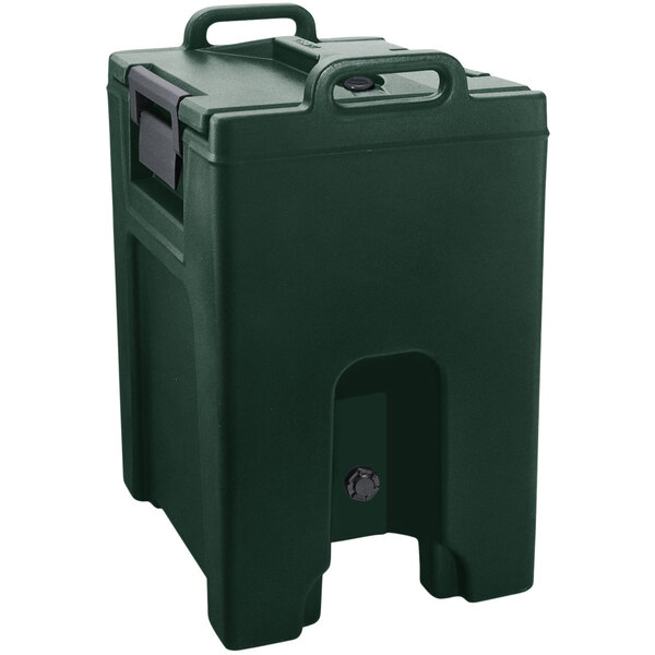 A green plastic container with a handle.