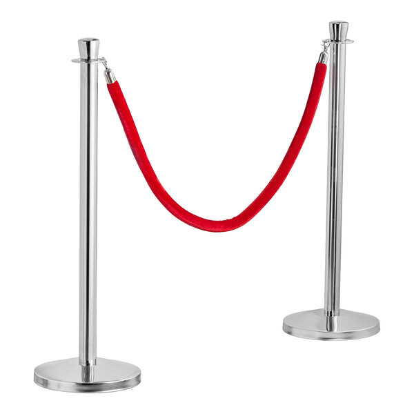 Lancaster Table & Seating 40" Silver Rope-Style Crowd Control / Guidance Stanchion Set with 5' Red Rope