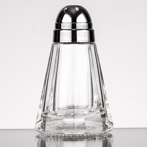 A clear glass Tablecraft salt and pepper shaker with a silver top.