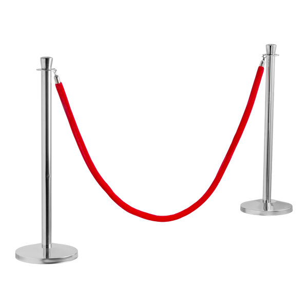 Lancaster Table & Seating 40" Silver Rope-Style Crowd Control / Guidance Stanchion Set with 8' Red Rope