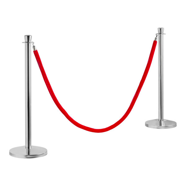 Lancaster Table & Seating 40" Silver Rope-Style Crowd Control / Guidance Stanchion Set with 8' Red Rope