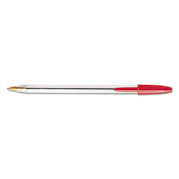 A red and clear Bic Cristal ballpoint pen with silver accents.