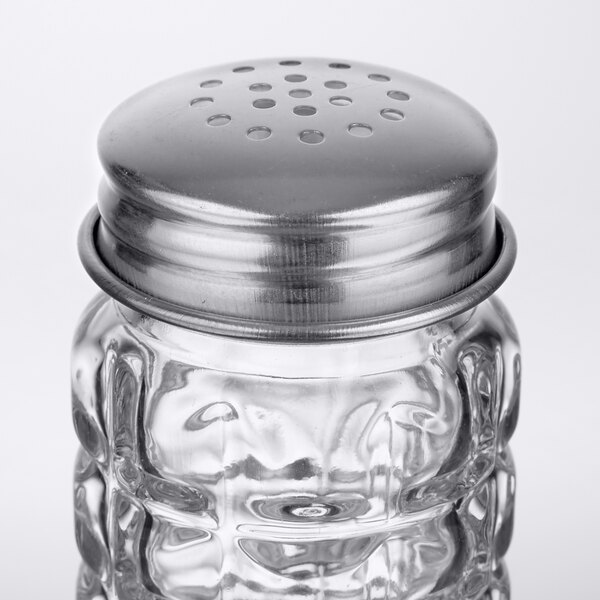 A Tablecraft glass salt shaker with a stainless steel top.