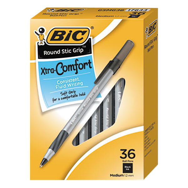 A box of 36 Bic black medium point Xtra Comfort pens.