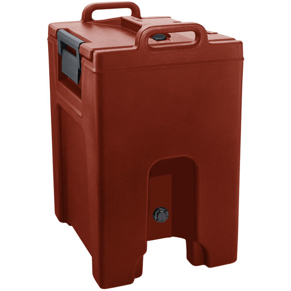 A red plastic Cambro soup carrier with a handle.