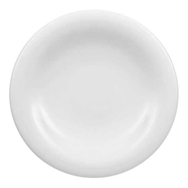 A close up of a Villeroy & Boch white porcelain plate with a white rim.