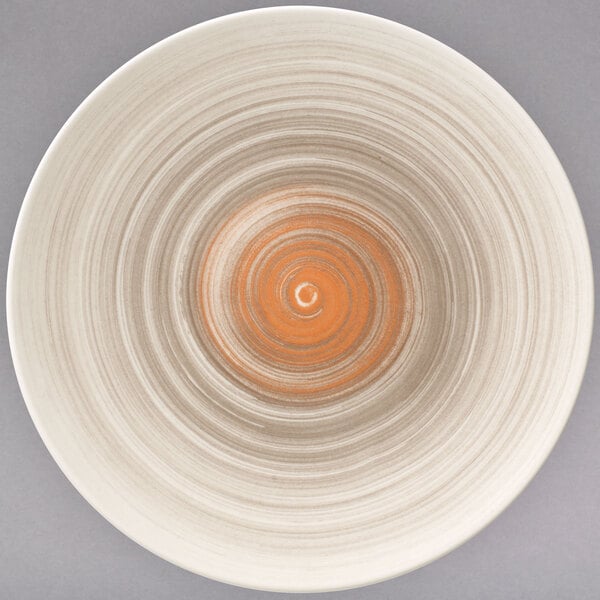 A taupe Villeroy & Boch porcelain plate with white swirls on a white background.