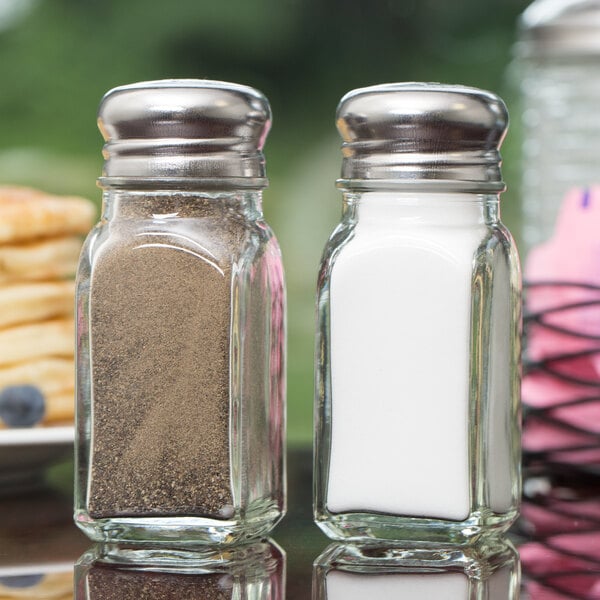 TableCraft square salt and pepper shakers on a table.