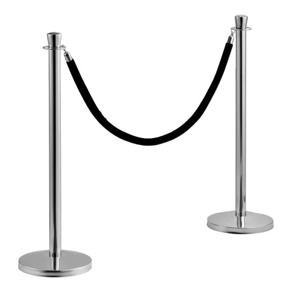 Lancaster Table & Seating 40" Silver Rope-Style Crowd Control / Guidance Stanchion Set with 5' Black Rope