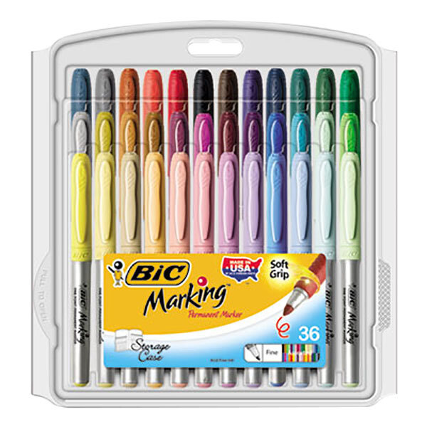 A yellow and blue box of Bic marking pens with a white and blue label.